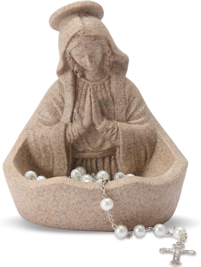 ULVEOL Virgin Mary Statue, Catholic Gifts for Women, Virgin Mary Keepsake Rosary Holder, 5.5" Blessed Mother Statues, Catholic Decor (Sandstone) - Image 1